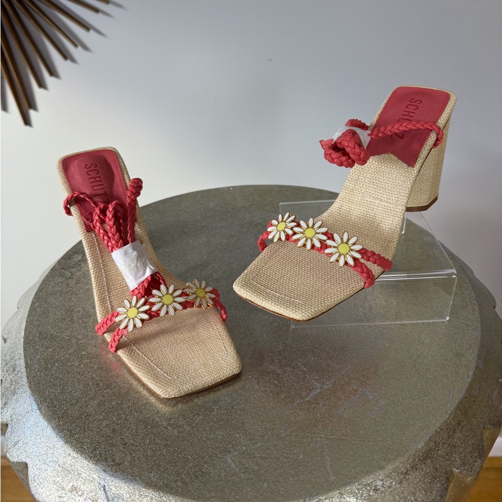 SCHUTZ Red and Tan Floral Chunky Sandals